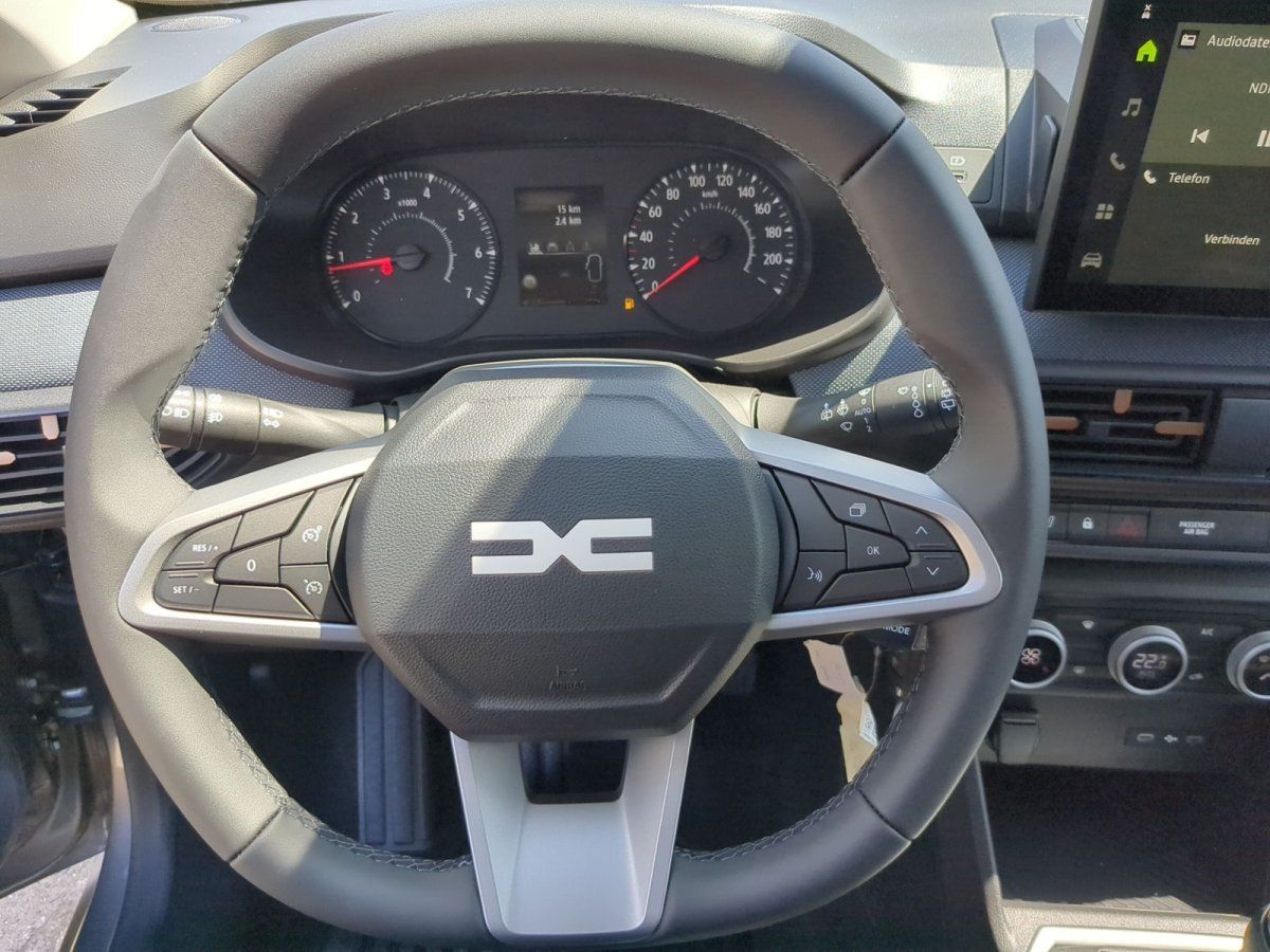 Lenkrad mit Multifunktionstasten und Cockpit im Fahrzeuginnenraum