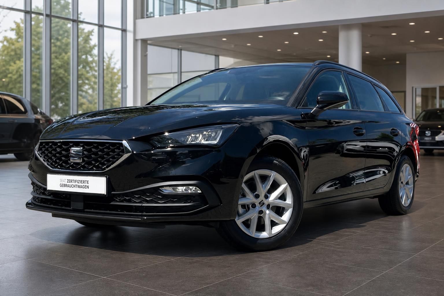 Schwarzer SEAT Leon Kombi Frontansicht im Autohaus-Showroom