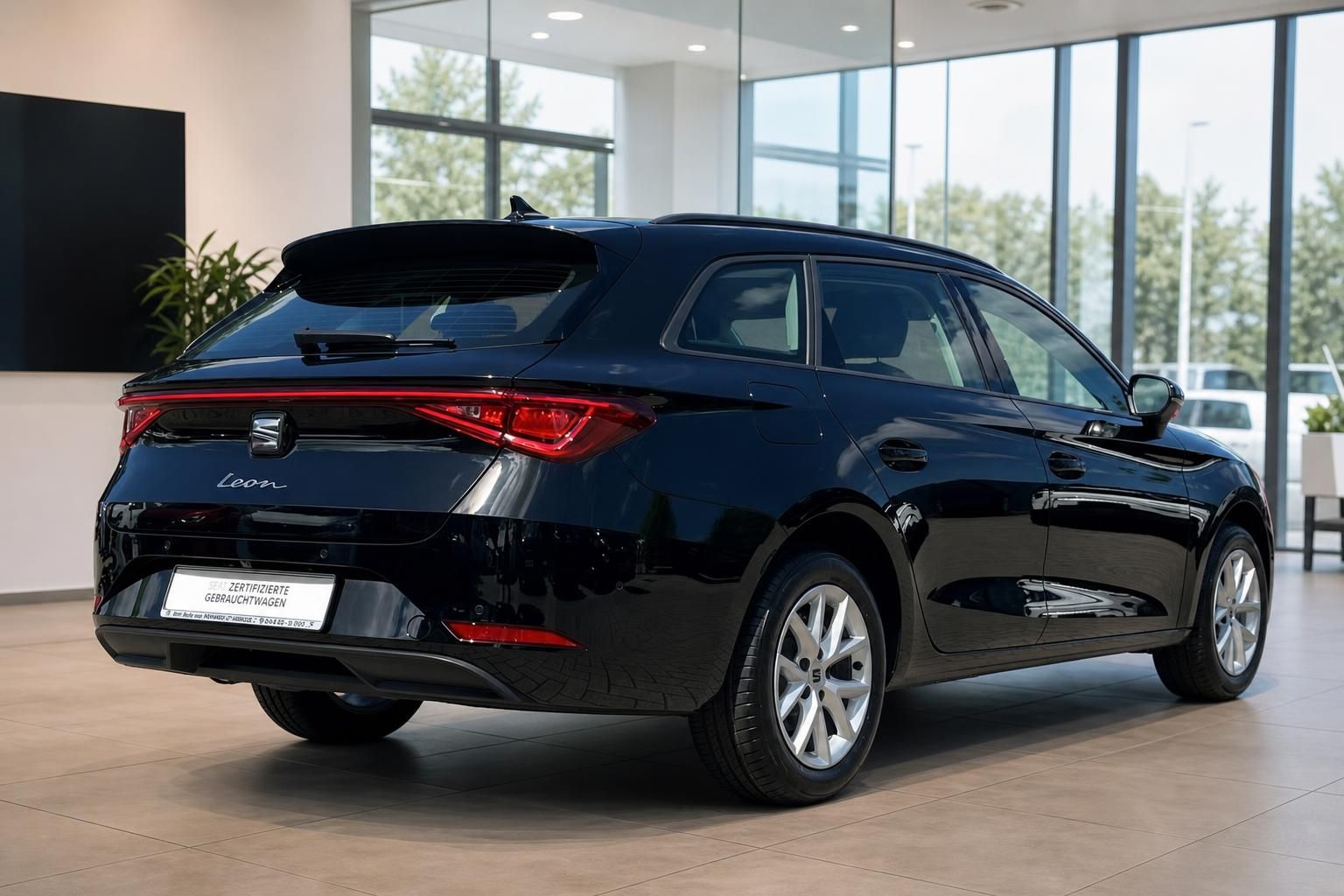 SEAT Leon Kombi schwarz Heckansicht seitlich im Autohaus