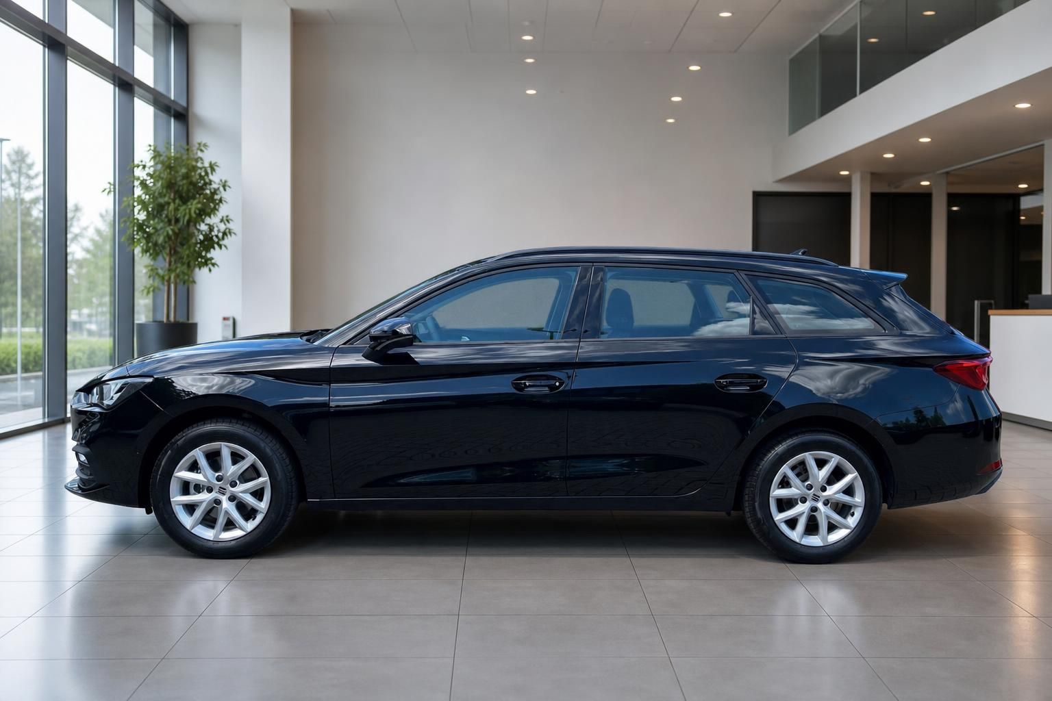 SEAT Leon Kombi schwarz Seitenansicht im Showroom