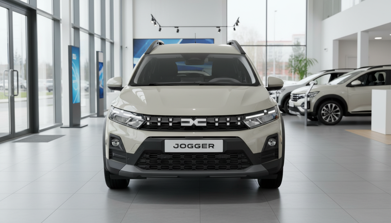 Dacia Jogger Frontansicht in hellem Beige im Autohaus Showroom