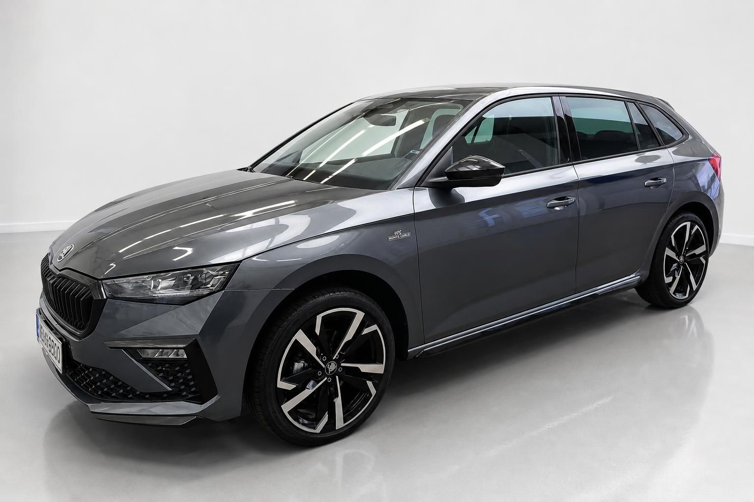 Skoda Scala grau Frontansicht schraeg im Studio