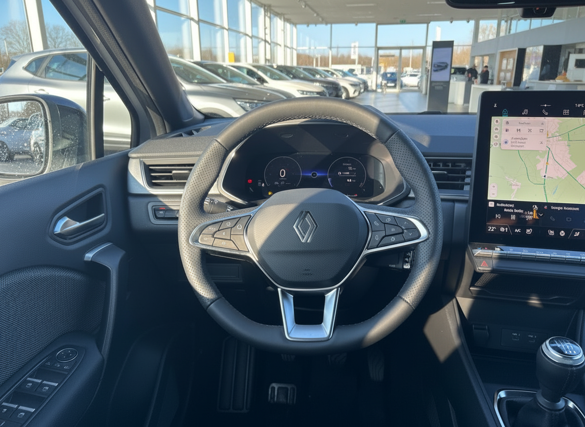 Renault Innenraum mit Lederlenkrad, digitalem Cockpit und großem Touchscreen-Navigationssystem