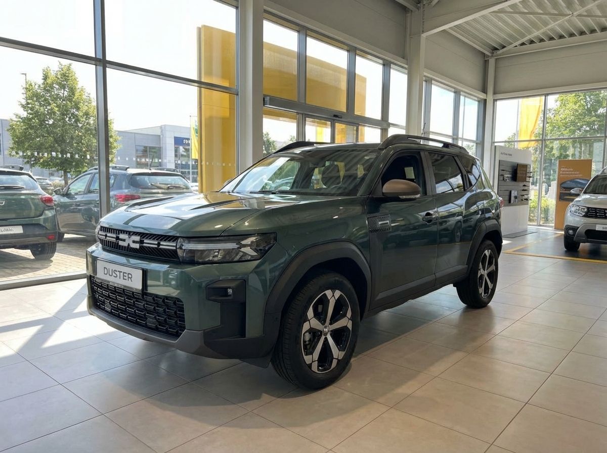 Dacia Duster 3. Generation in Dunkelgrün im Autohaus Showroom – neues Modell 2024