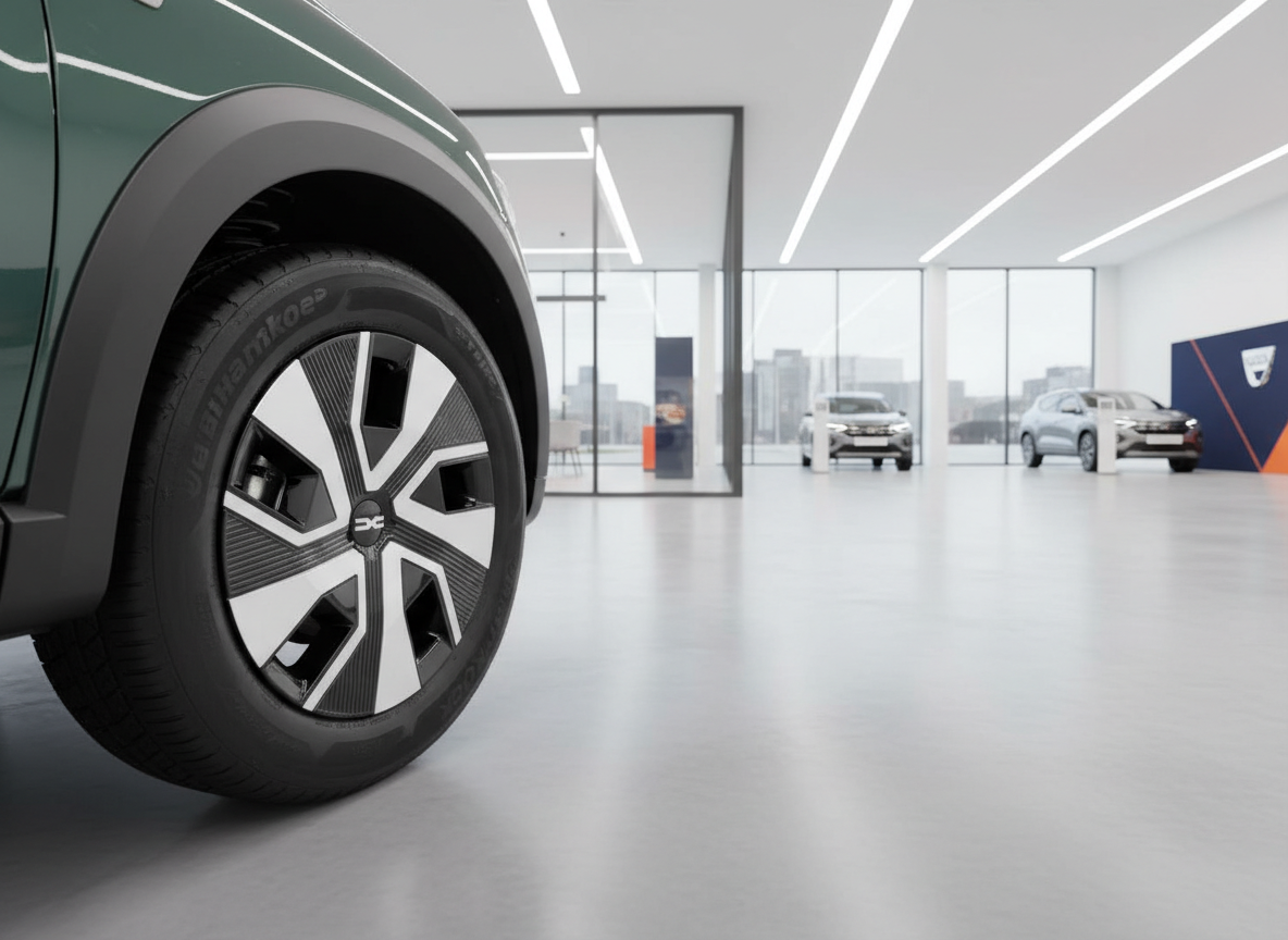 Dacia SUV in Grün im Showroom – Nahaufnahme Felge mit Dacia-Logo im Autohaus