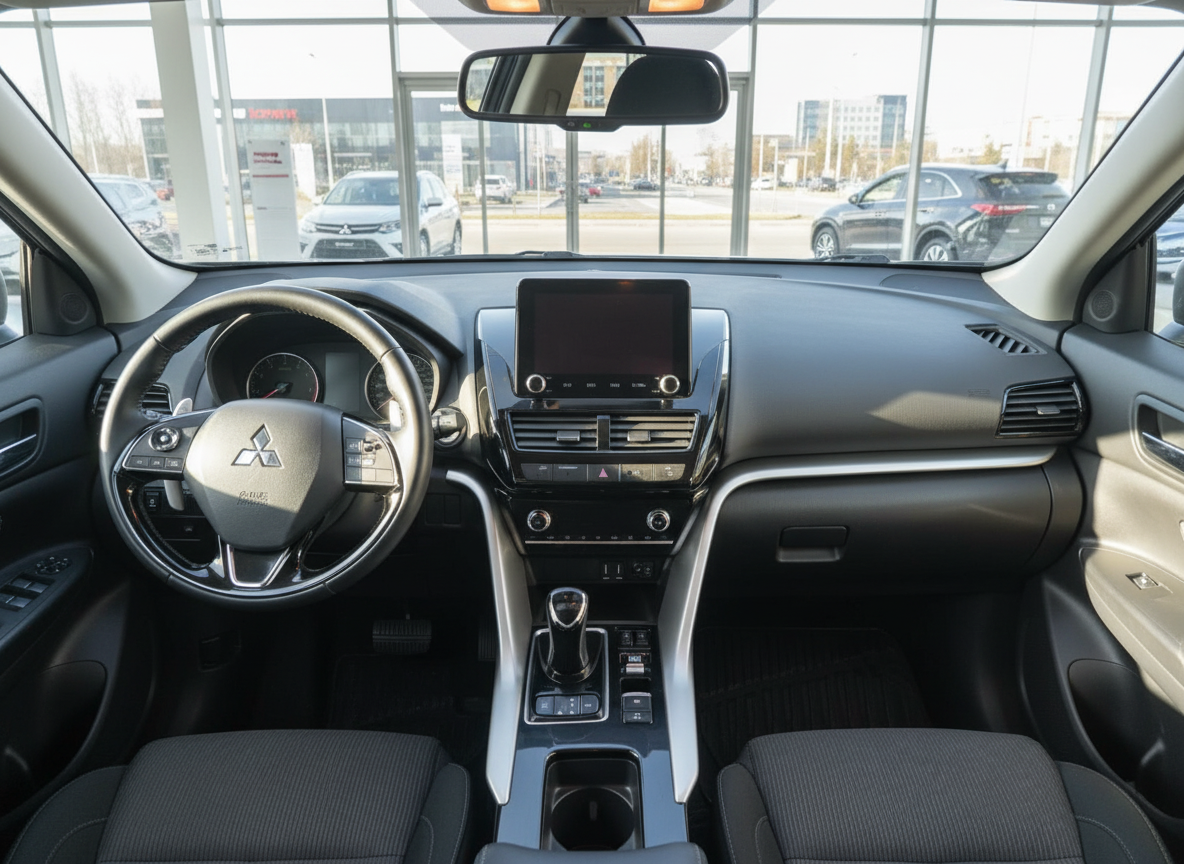 Mitsubishi Innenraum mit Cockpit, Touchscreen-Infotainment und schwarzem Lenkrad im Autohaus