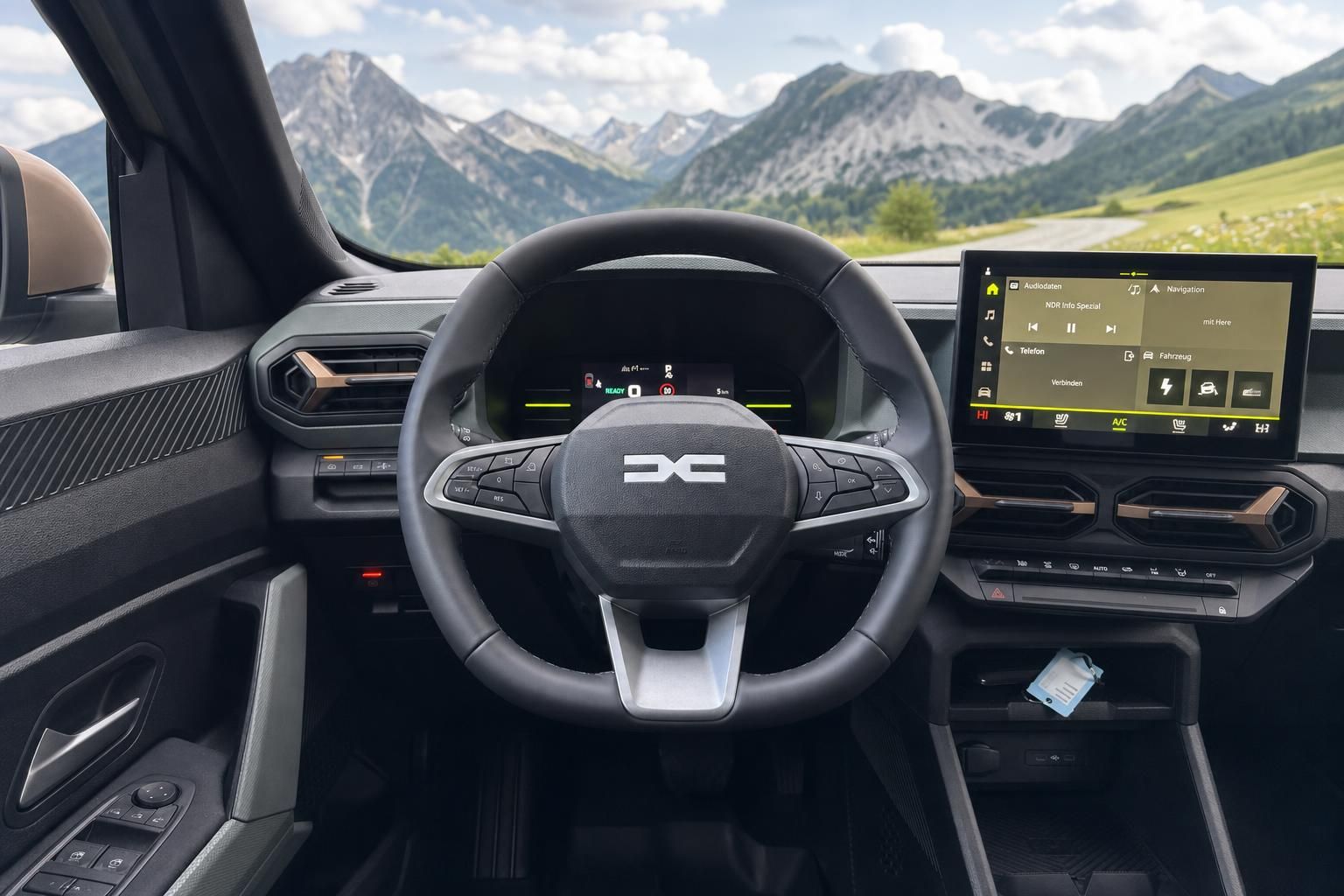 Modernes Fahrzeug-Cockpit mit digitalem Display und Lenkrad vor Bergpanorama