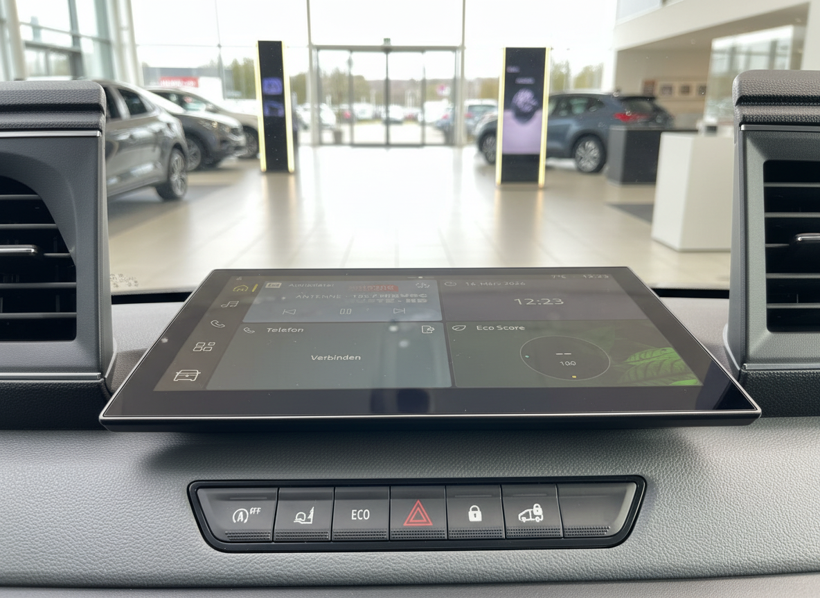 Kia Infotainment-Display im Innenraum mit Eco Score und Telefon-Menü im Autohaus