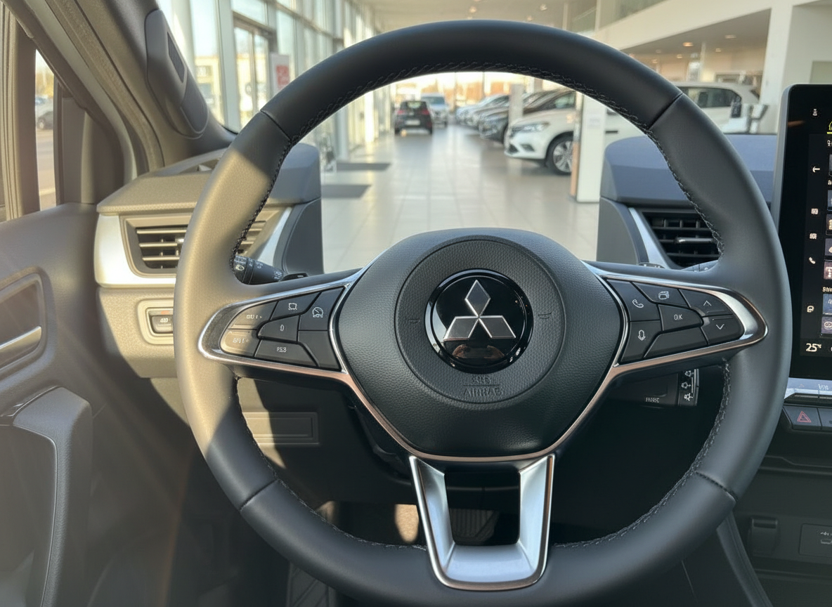 Mitsubishi Innenraum mit Lenkrad und Touchscreen-Display im Autohaus