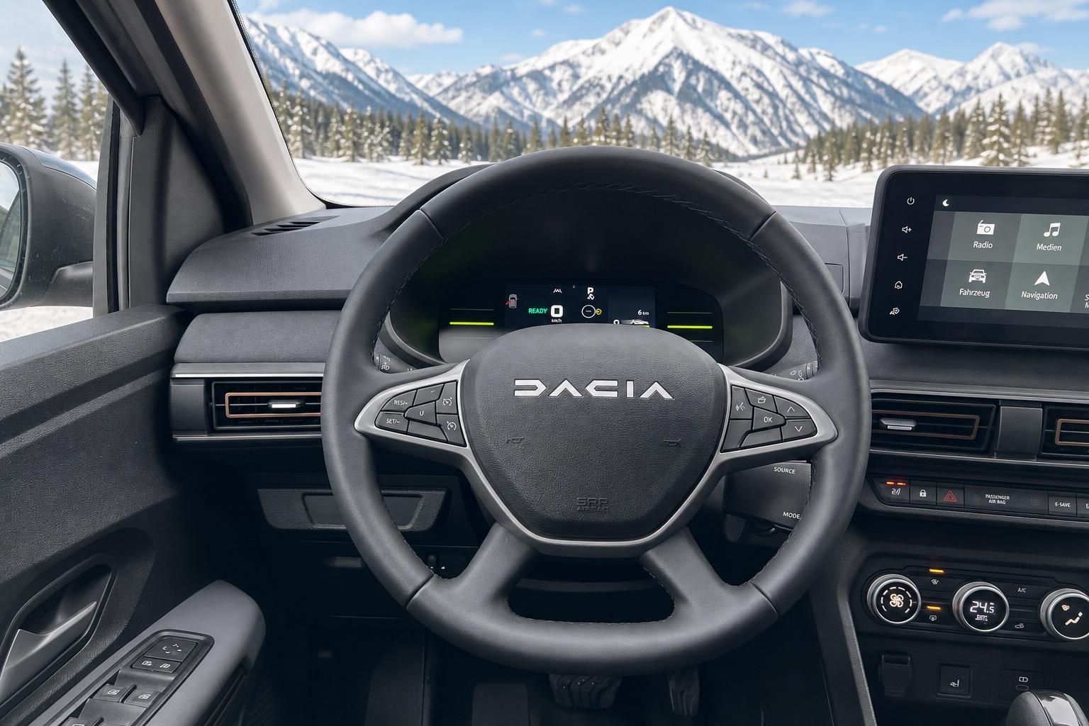 Dacia Fahrzeug Innenraum Cockpit mit Lenkrad und Infotainment-Display vor Berglandschaft