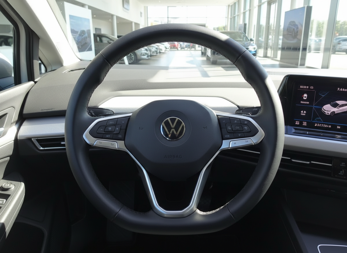 Volkswagen Innenraum Lenkrad mit VW-Logo und Infotainment-Display im Autohaus