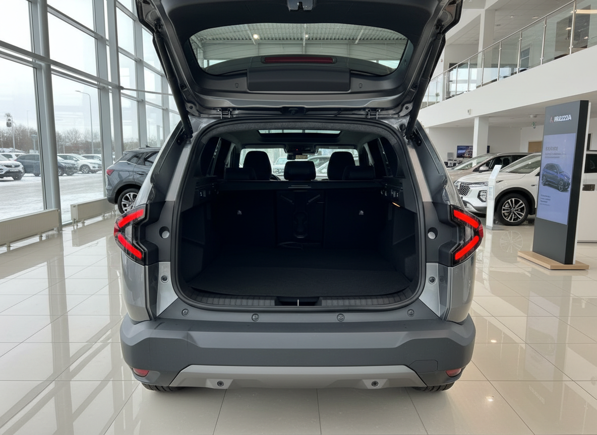 Grauer SUV Kofferraum geöffnet im Autohaus – Laderaumansicht von hinten