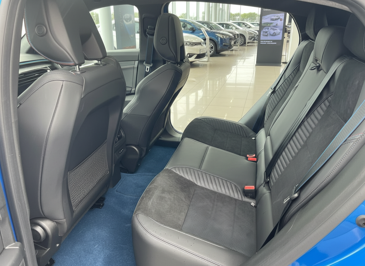 Schwarzes Leder-Interieur Rücksitzbank eines blauen Fahrzeugs im Autohaus