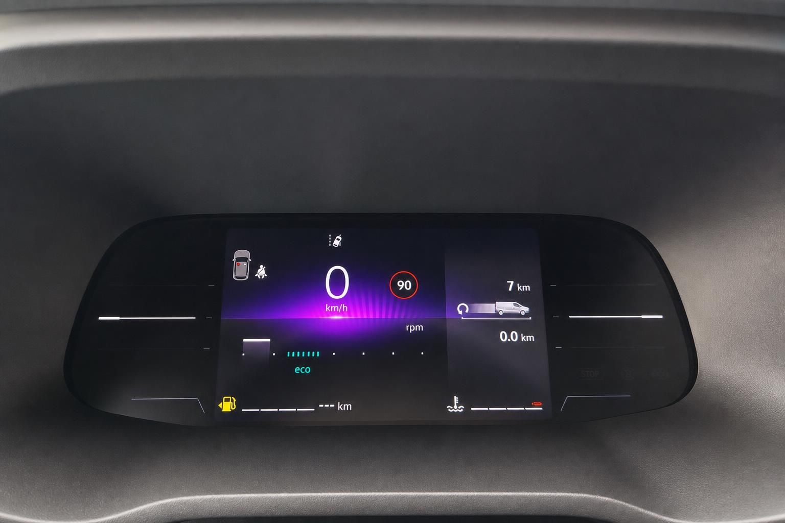 Digitales Armaturenbrett und Cockpit Display mit Geschwindigkeitsanzeige und Fahrzeugdaten