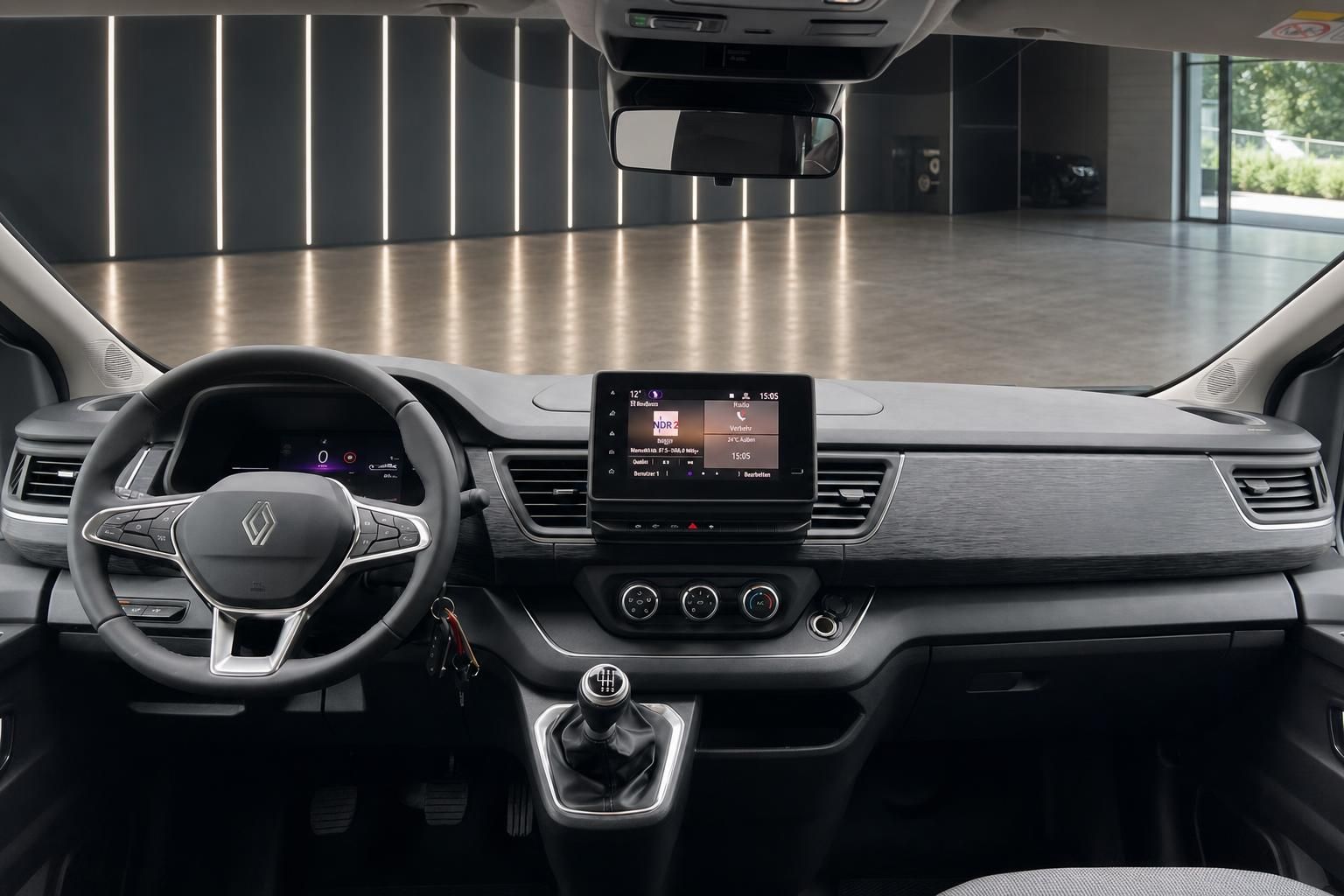 Renault Fahrzeug Armaturenbrett mit Touchscreen, Klimaanlage und Schaltgetriebe