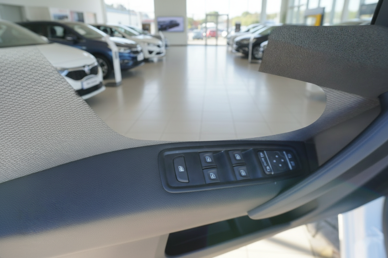 Fahrzeuginnenraum Fahrertür mit Fensterheberschaltern und Spiegelverstellung im Autohaus