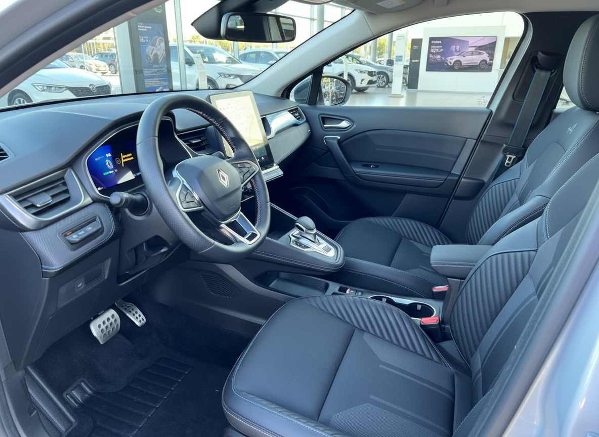 Renault Innenraum mit schwarzen Ledersitzen, Touchscreen und modernem Cockpit im Autohaus