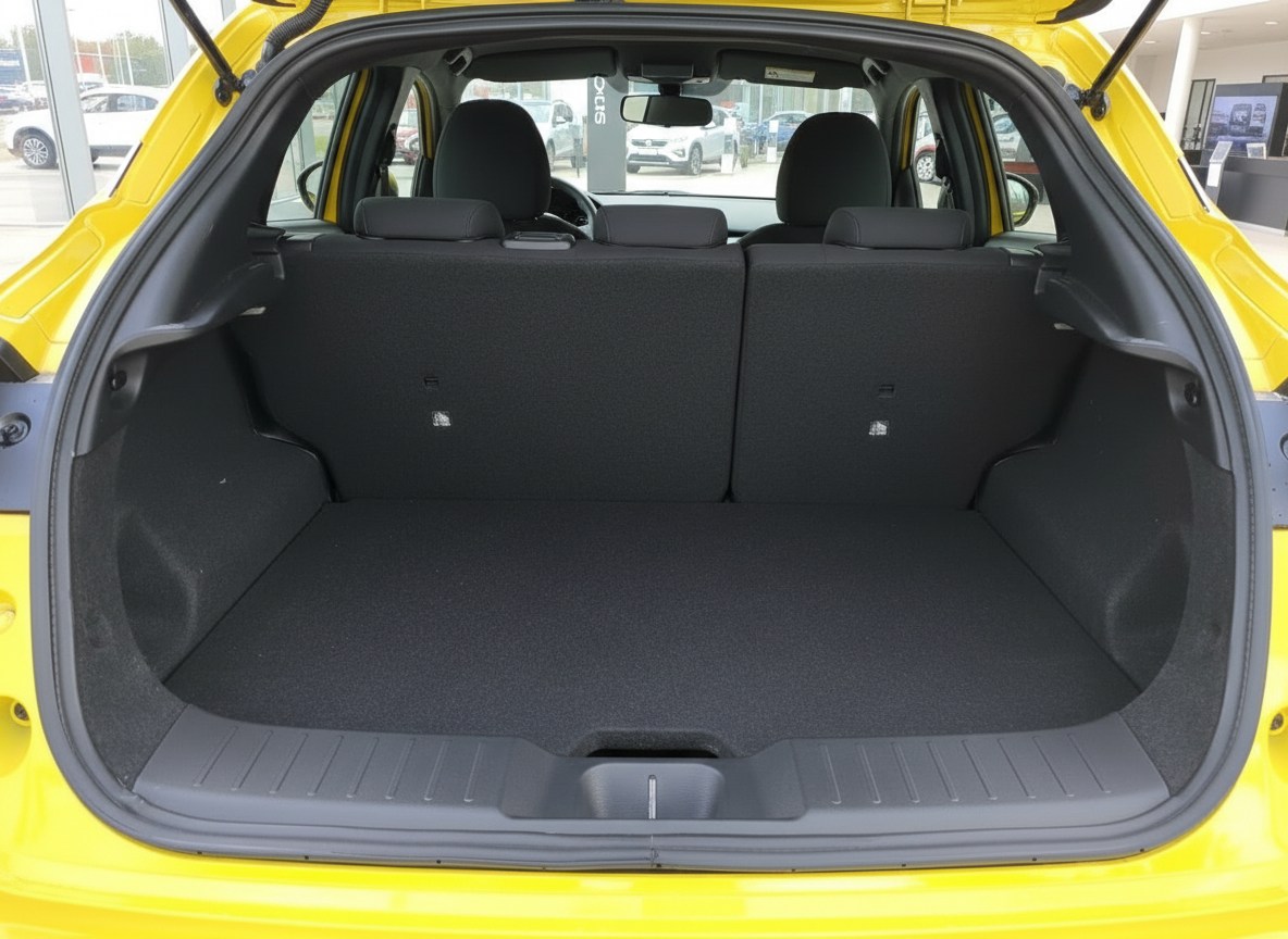 Gelber Hyundai Kona Kofferraum offen mit schwarzem Interieur und umklappbarer Rücksitzbank