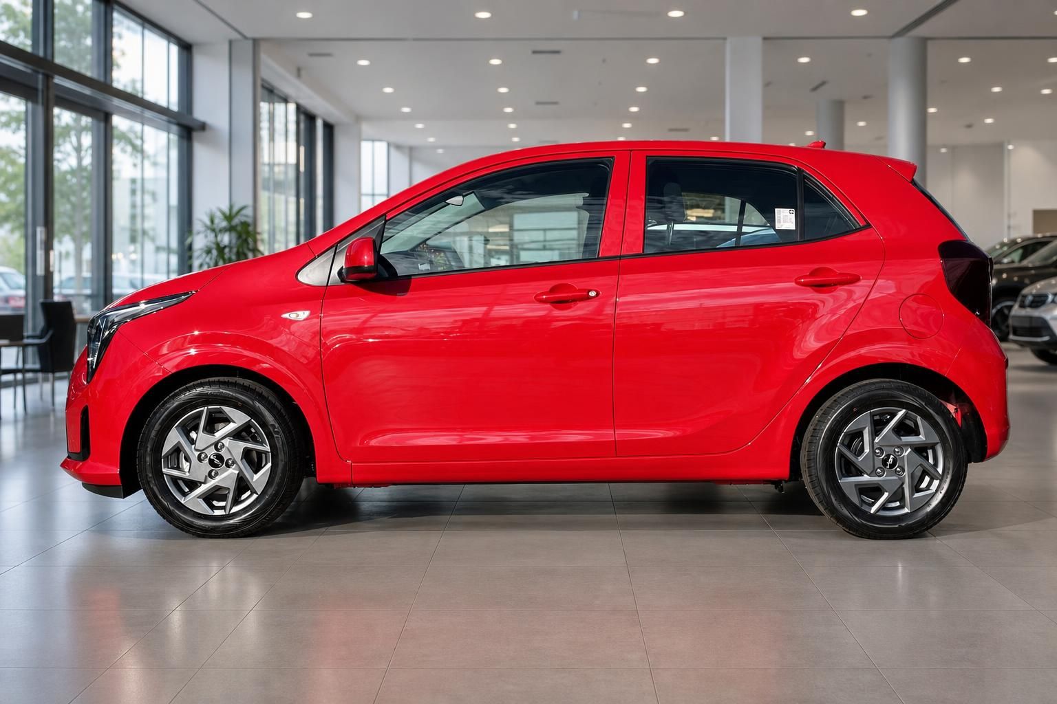 Roter Kia Picanto Seitenansicht im Autohaus