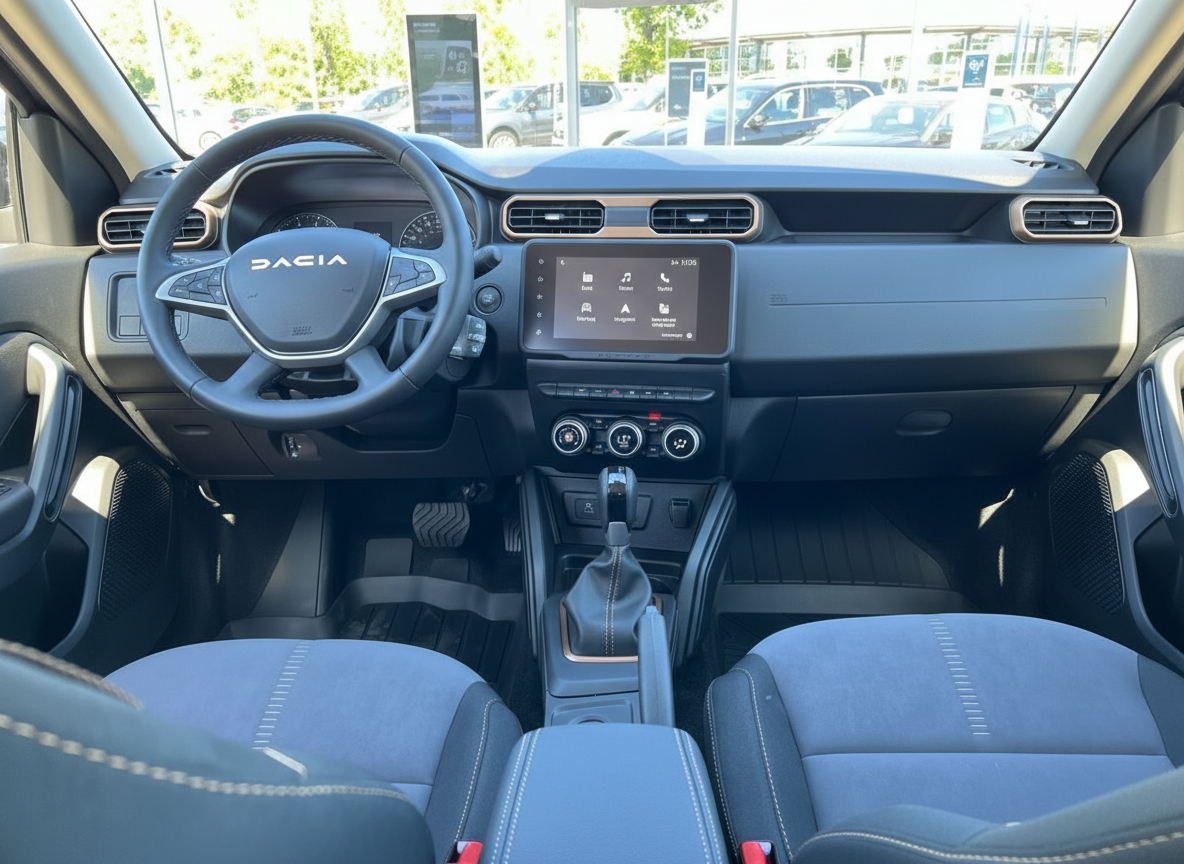 Dacia Innenraum mit Touchscreen, Lenkrad und blauen Stoffsitzen – modernes Cockpit