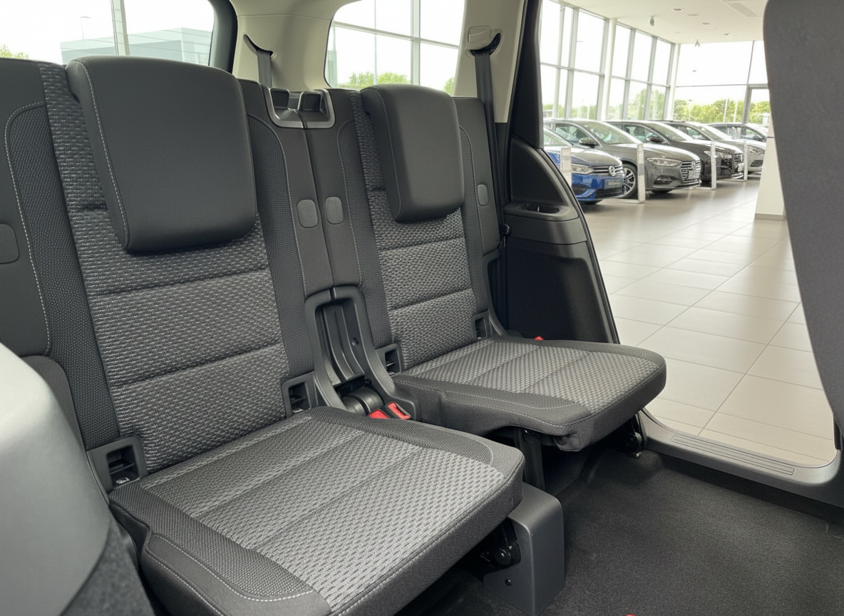 Volkswagen Innenraum dritte Sitzreihe mit schwarzen Stoffsitzen im Autohaus