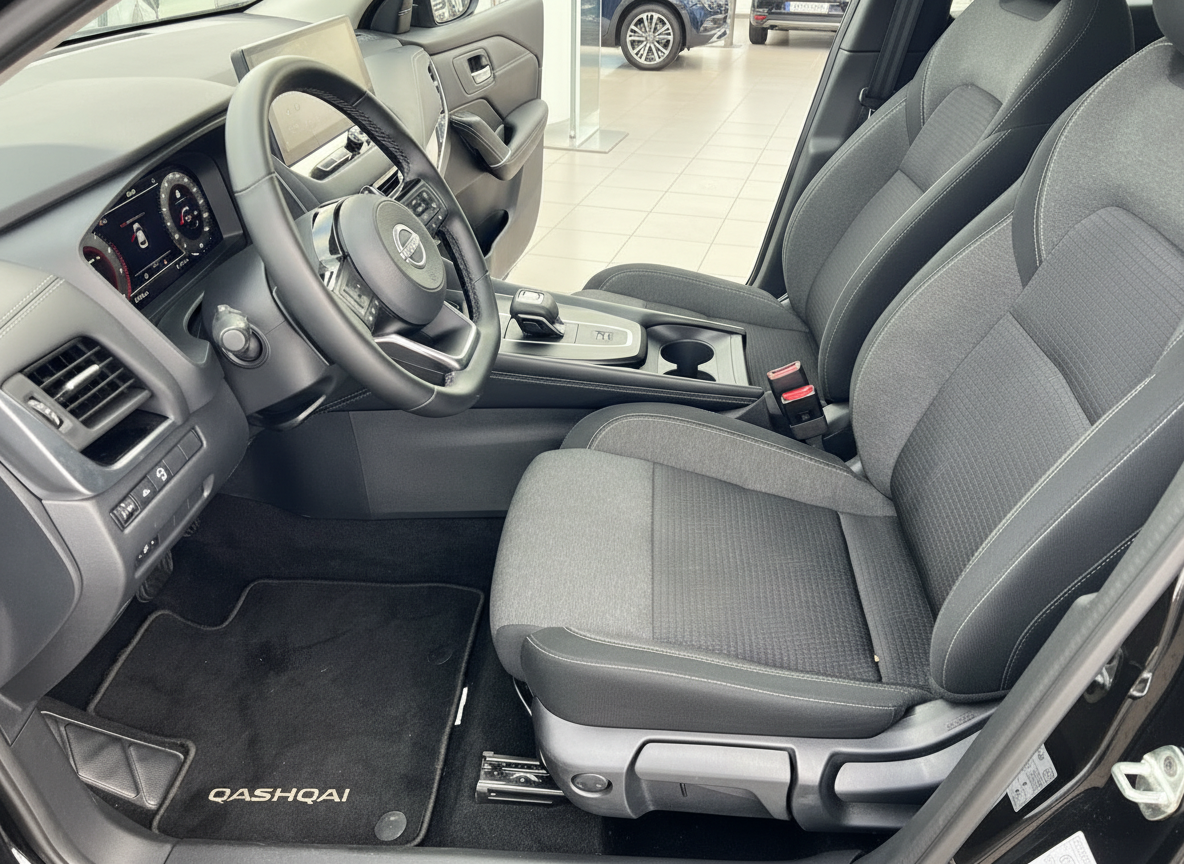 Nissan Qashqai Innenraum Fahrerseite mit Lenkrad, Digitaltacho und Stoffsitzen in Schwarz