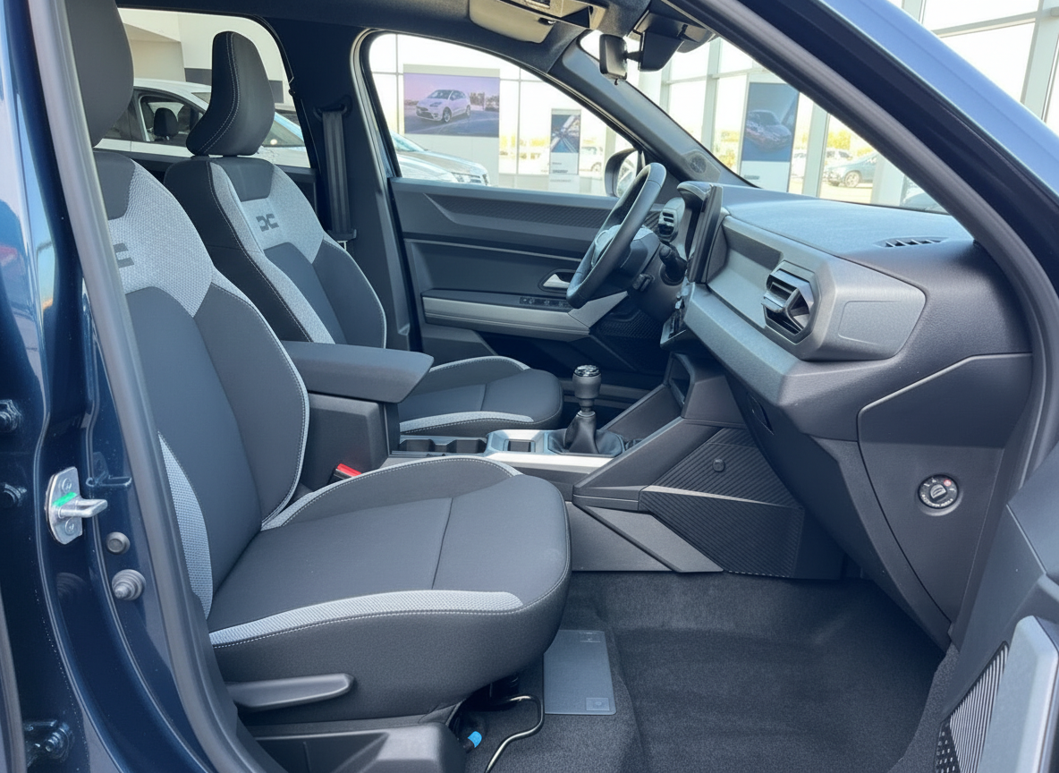 Dacia Innenraum mit schwarzen Sportsitzen, Mittelkonsole und Schaltgetriebe