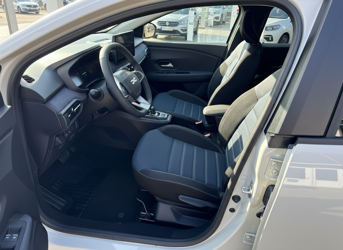 Fahrzeug Innenraum mit schwarzen Ledersitzen, modernem Cockpit und Touchscreen-Display