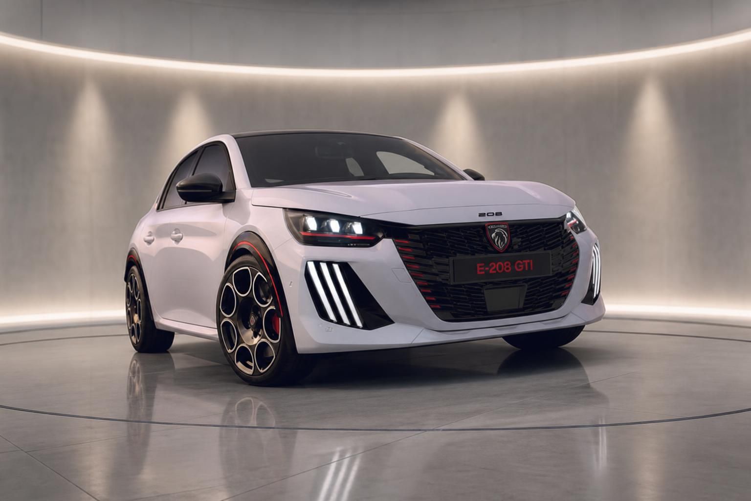 Peugeot E-208 GTI weiß Frontansicht in modernem Showroom