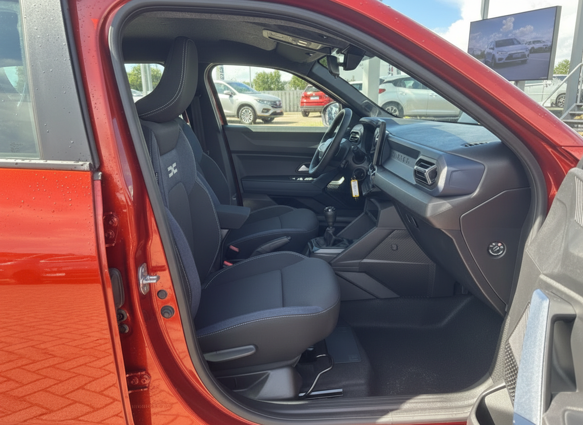 Dacia Sandero Innenraum mit schwarzen Stoffsitzen und modernem Cockpit in rotem Fahrzeug