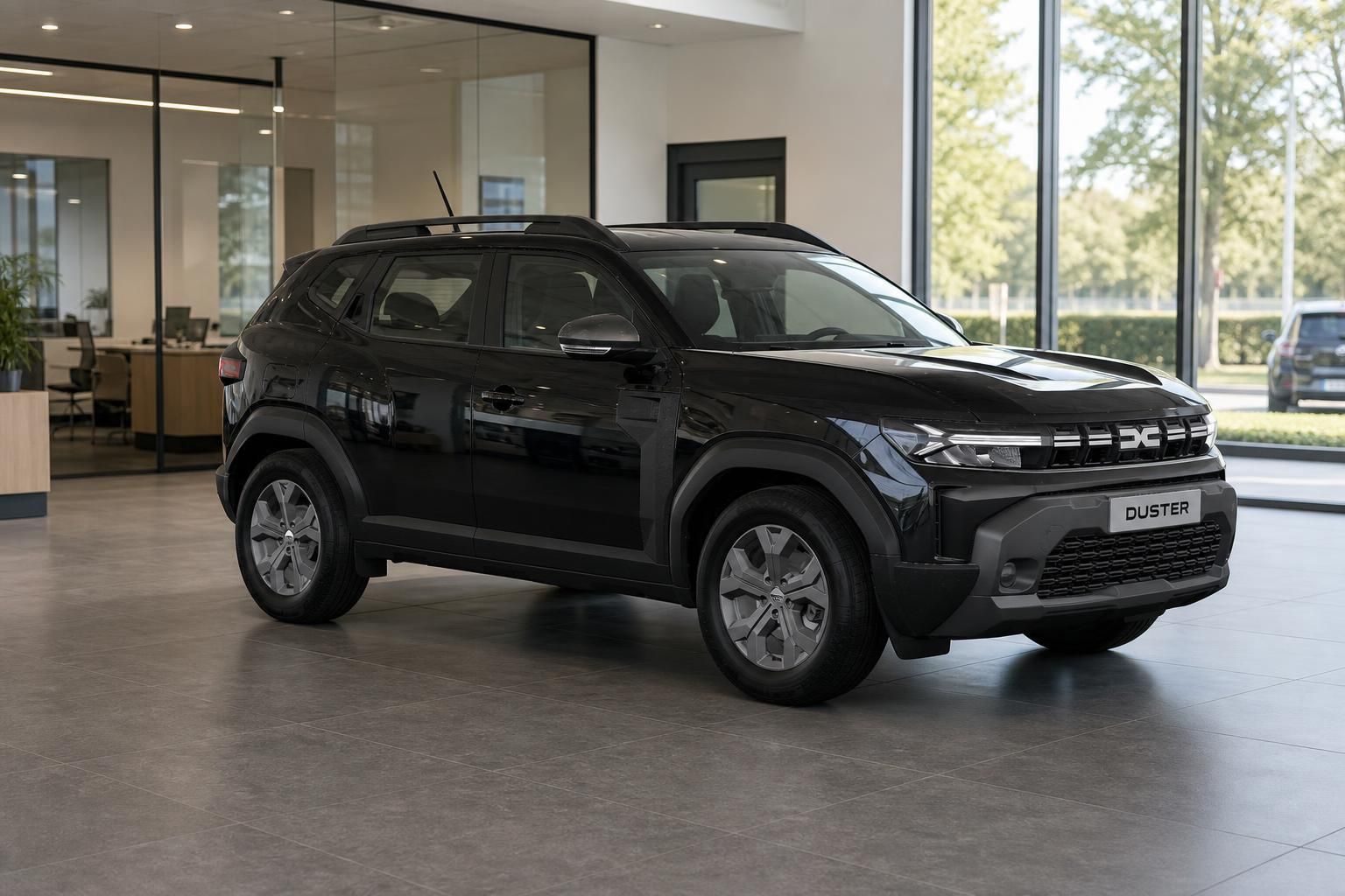 Dacia Duster schwarz Frontansicht schraeg im Autohaus