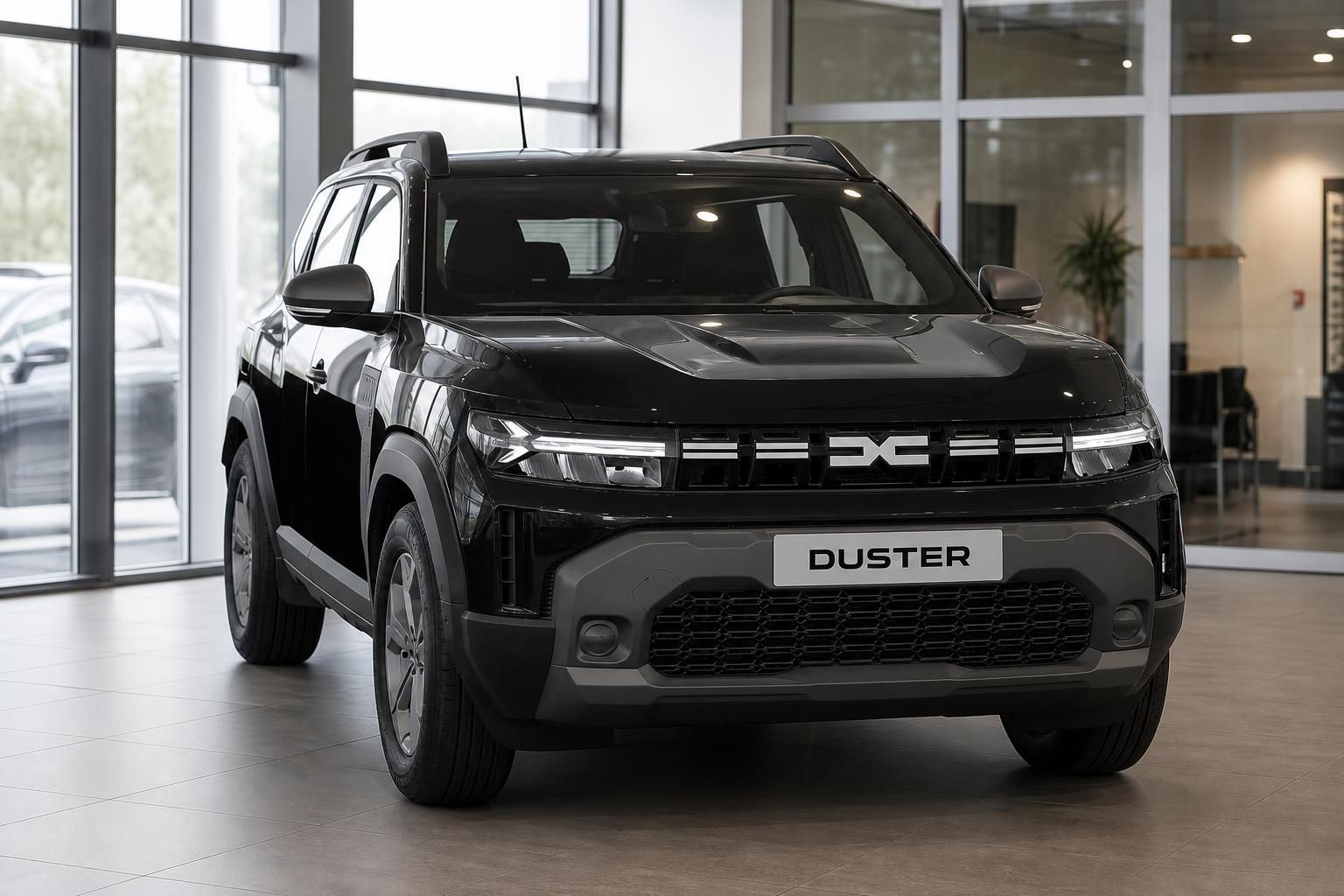 Dacia Duster schwarz in Frontansicht im Autohaus