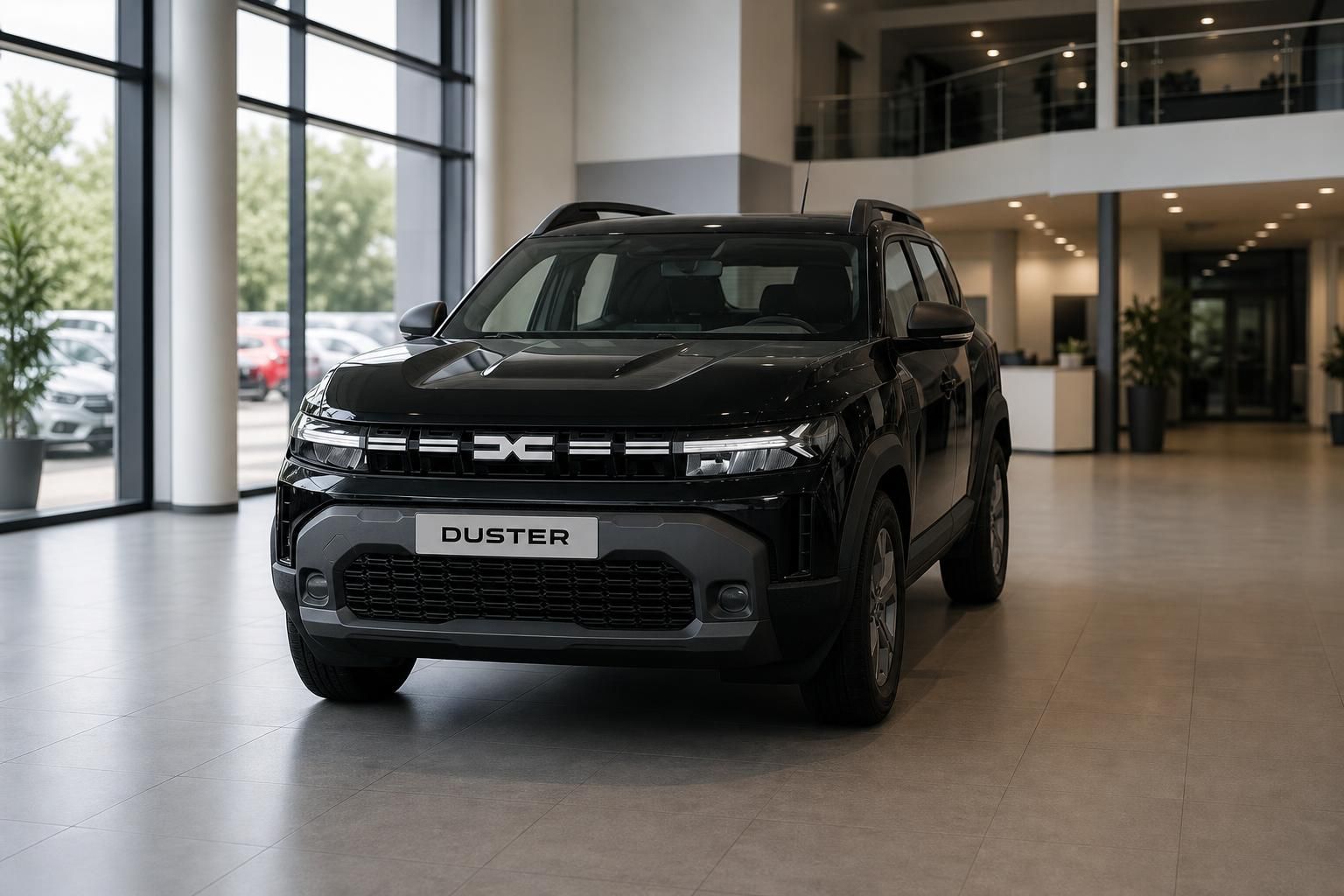 Dacia Duster schwarz Frontansicht im Showroom