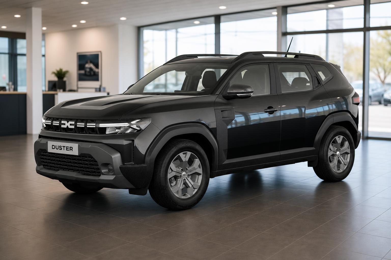 Dacia Duster schwarz Frontansicht schraeg im Showroom