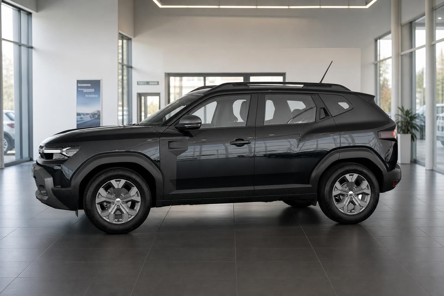 Dacia Duster schwarz Seitenansicht im Autohaus Showroom