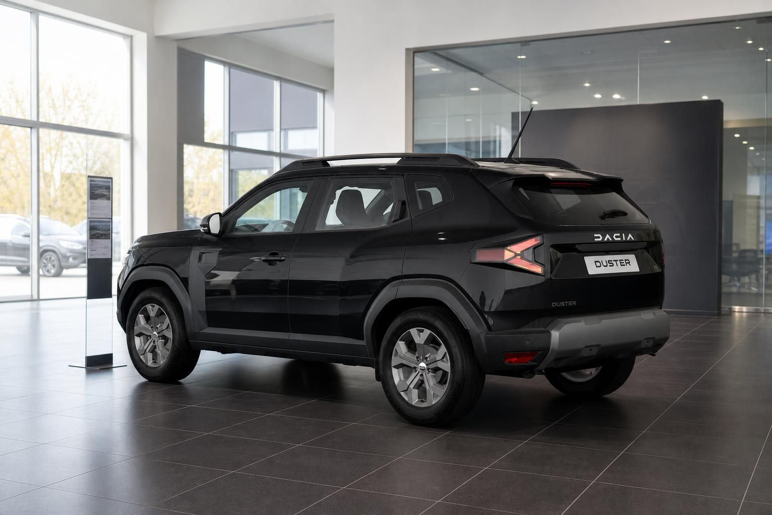 Dacia Duster schwarz Heckansicht seitlich im Autohaus