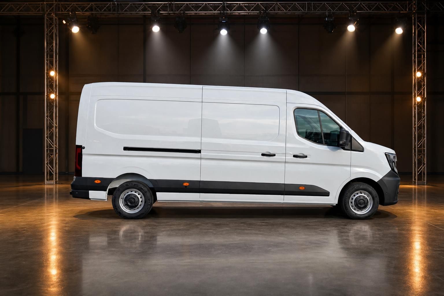 Weißer Nissan Interstar Transporter Kastenwagen Seitenansicht im Showroom