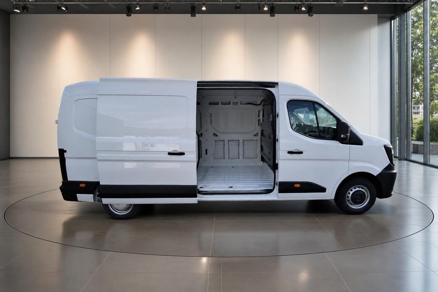 Nissan Interstar Transporter weiß Seitenansicht mit geöffneter Hecktür Laderaum sichtbar