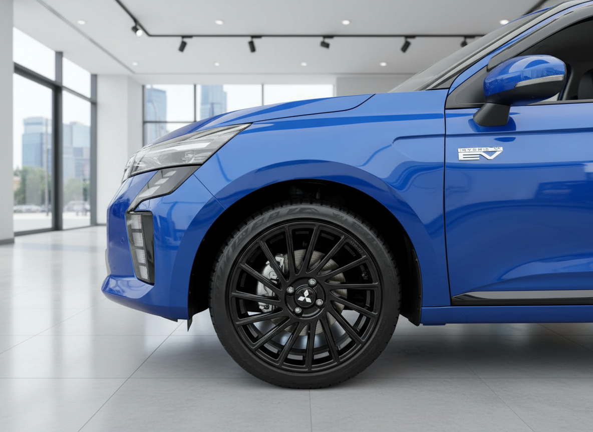 Mitsubishi Hybrid EV in Blau – Frontpartie mit schwarzen Leichtmetallfelgen im Autohaus