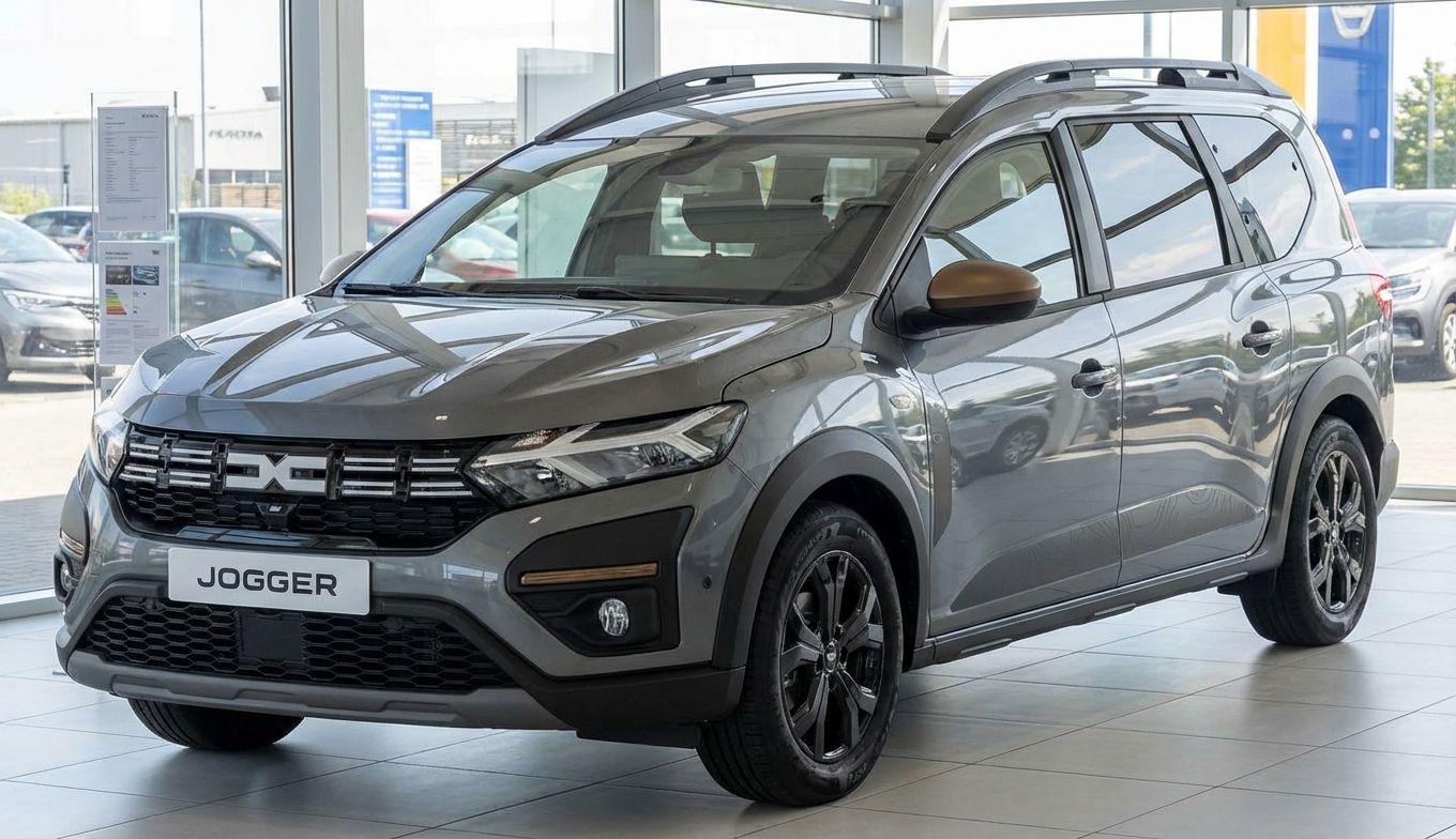 Dacia Jogger in Grau metallic im Showroom, Frontansicht mit Kupfer-Akzenten und schwarzen Felgen