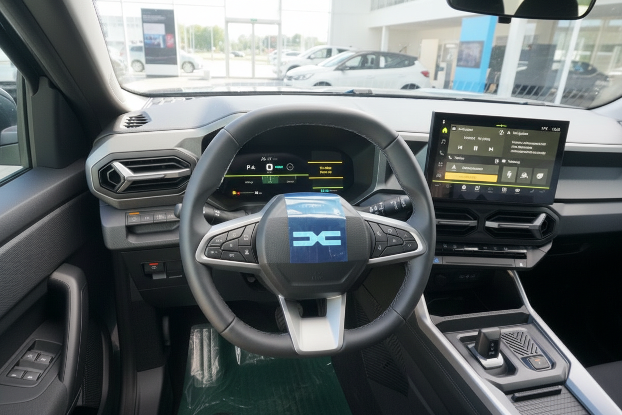 Dacia Innenraum mit digitalem Cockpit, Lenkrad und Infotainment-Bildschirm