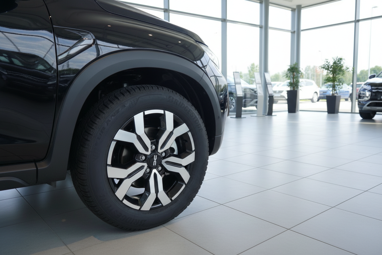 Schwarzes SUV mit zweifarbigen Leichtmetallfelgen im Autohaus-Showroom