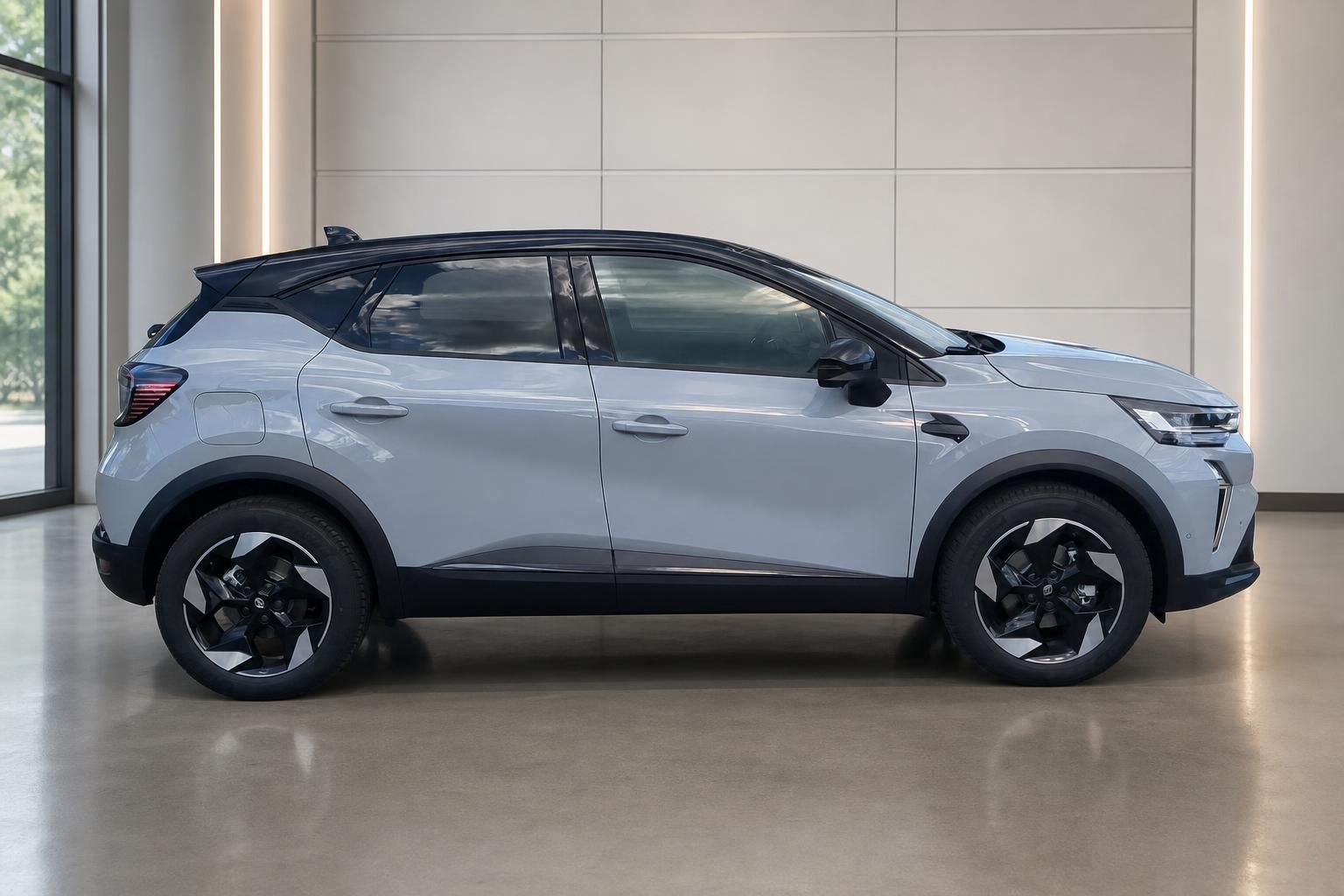 Renault Captur SUV in Hellgrau – Seitenansicht im Autohaus Showroom