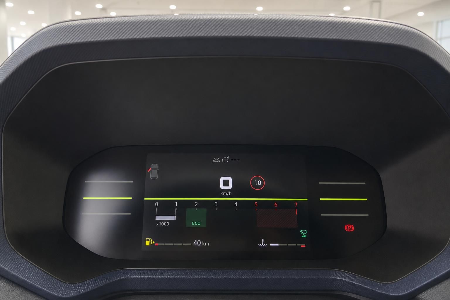 Digitales Kombiinstrument mit Tacho und Fahrzeuganzeigen im Cockpit