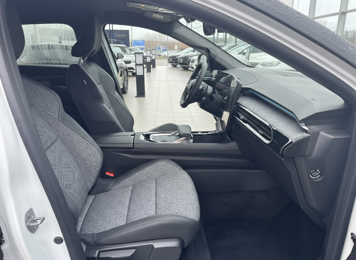 Modernes Fahrzeug Innenraum mit grauen Stoffsitzen und großem Touchscreen-Display im Autohaus