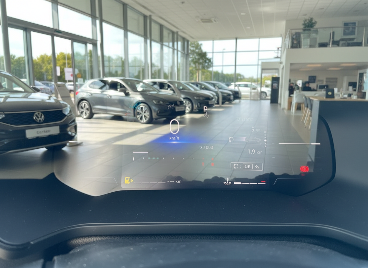 Volkswagen Innenraum mit digitalem Cockpit im VW Autohaus Showroom