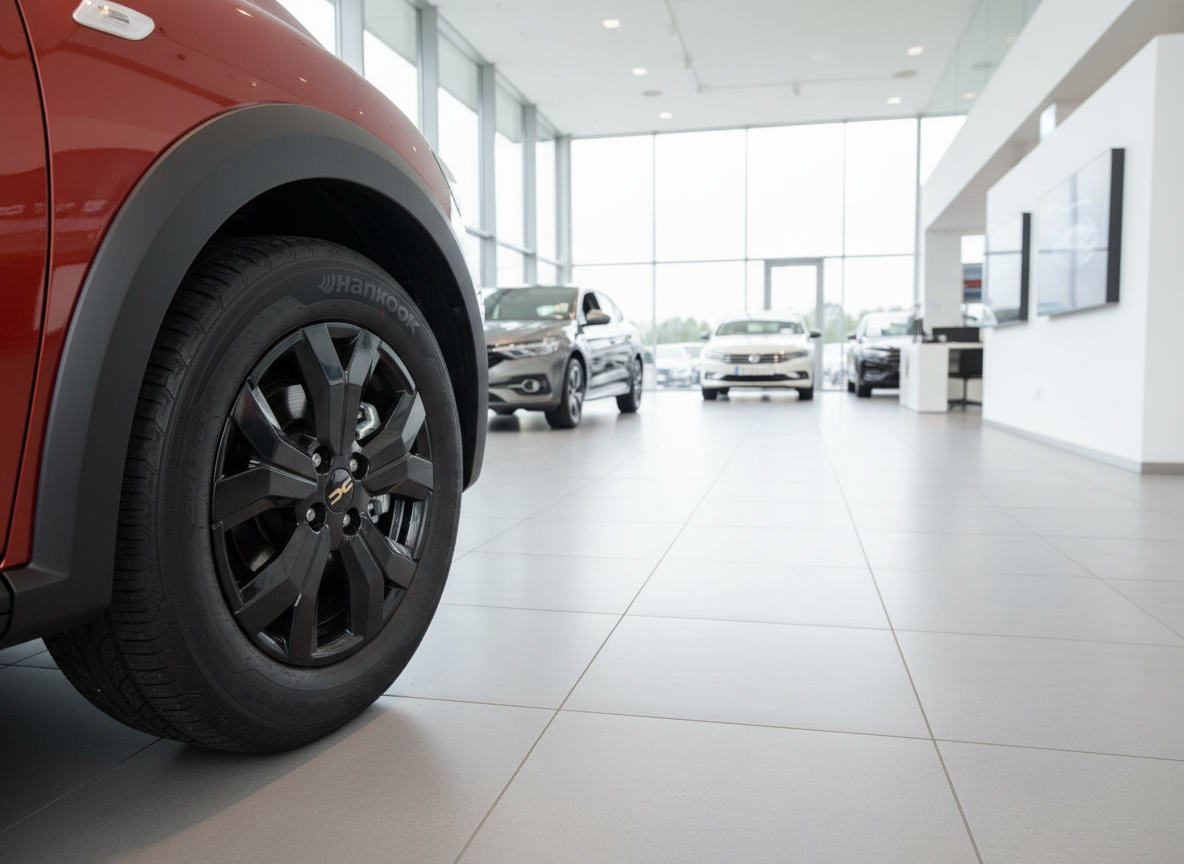 Rotes SUV mit Hankook-Reifen auf schwarzer Alufelge im Autohaus-Showroom