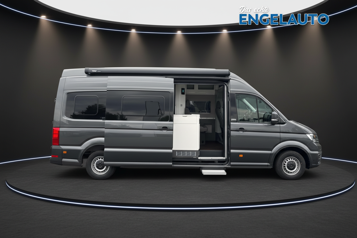 Grauer VW Crafter Campervan mit geöffneter Schiebetür und sichtbarer Innenausstattung mit Kühlschrank und Trittstufe im Showroom - Das echte Engelauto Wohnmobil