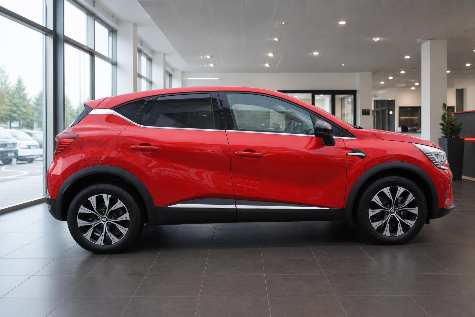 Roter Renault Captur Crossover Seitenansicht von hinten im modernen Autohaus