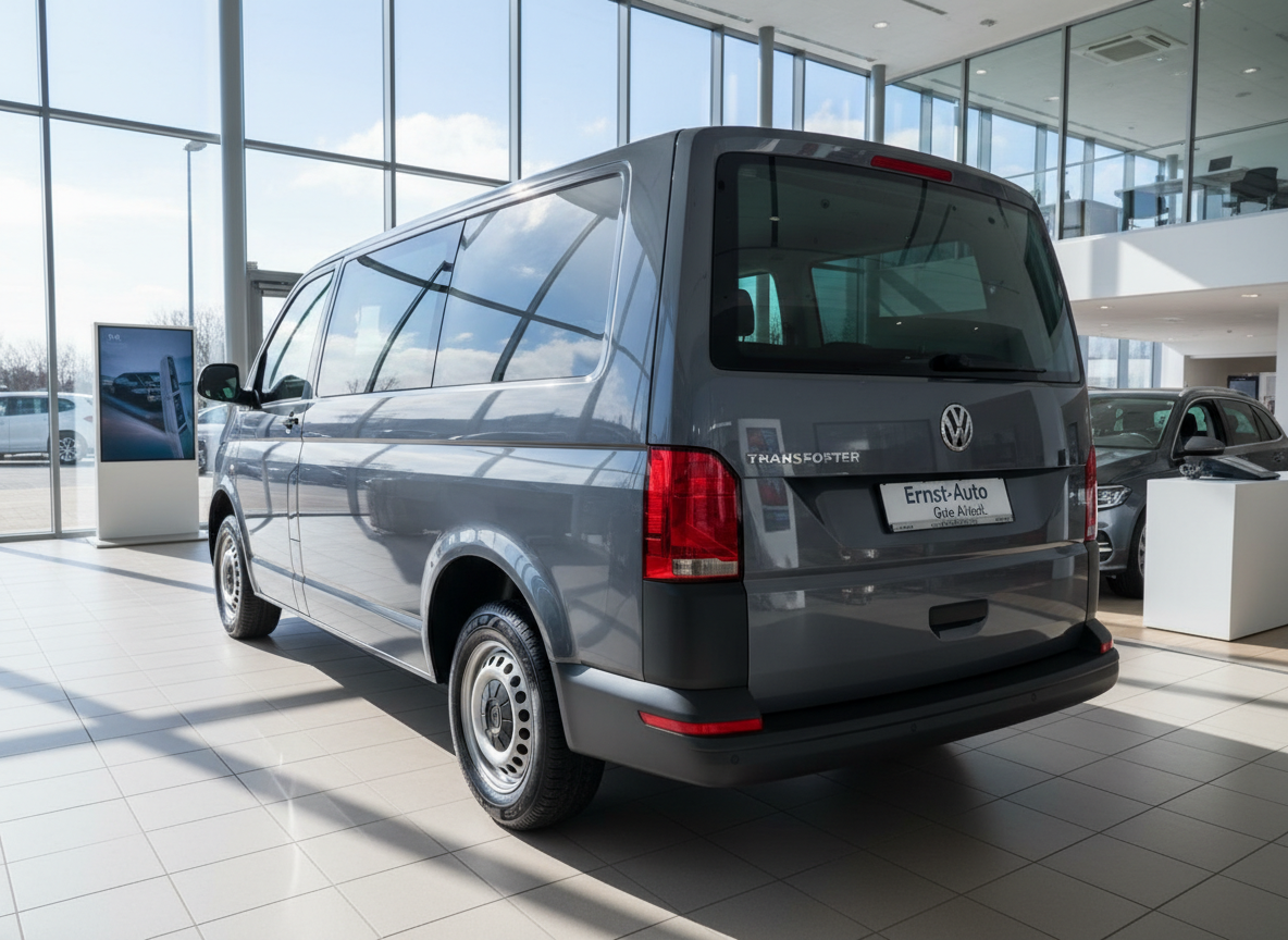 VW Volkswagen Transporter T6 grau Heckansicht im Autohaus Ernst-Auto